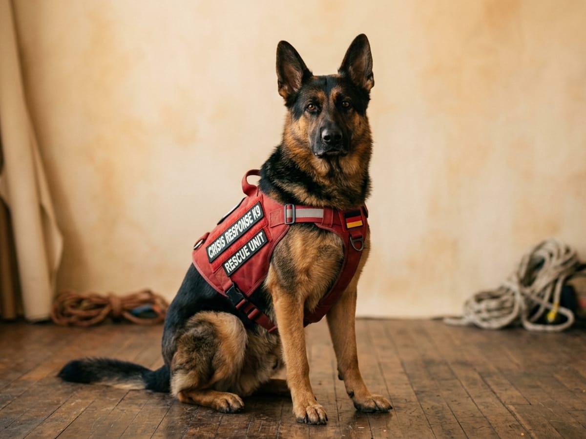 Muppet, a German Shepherd crisis-response K9, wearing a red rescue vest